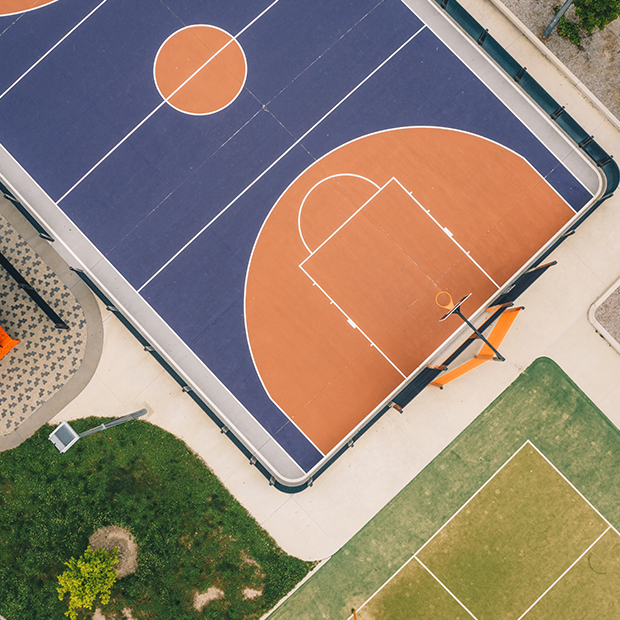 Drone images of colourful basketball court