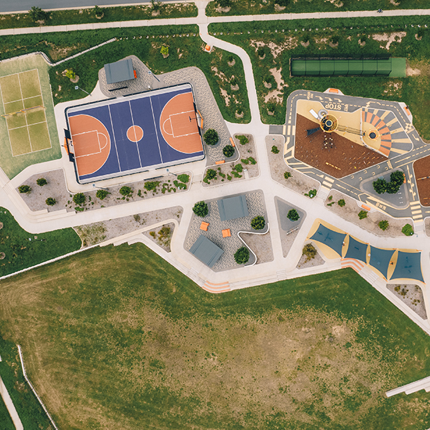 Birds eye view of contemporary playground and landscaping