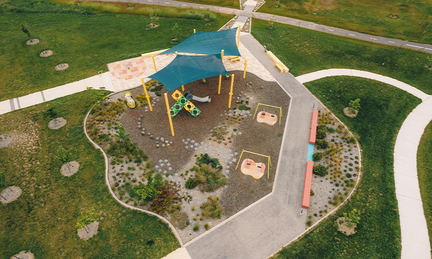 Drone image of playground and landscaping shot from above.